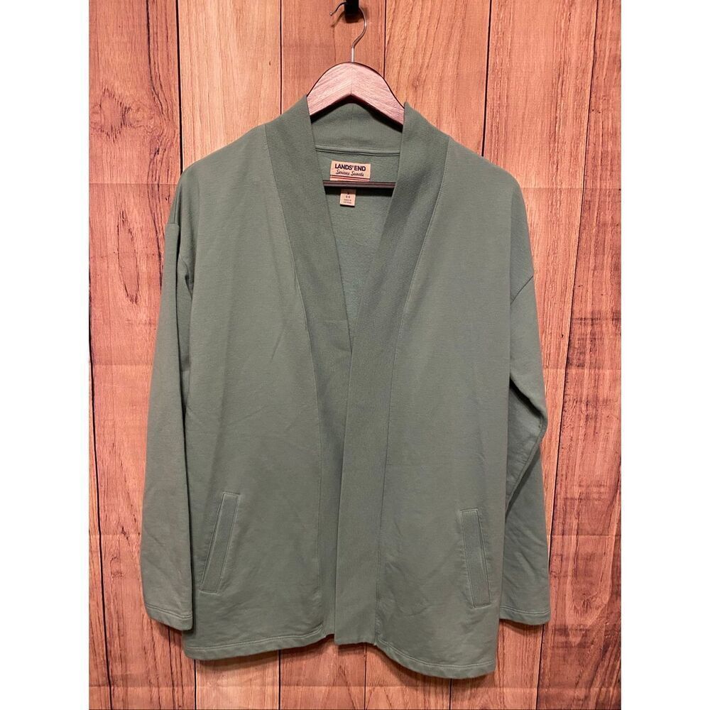 Lands’ End Serious Sweats Small green open front sweater cardigan pale green